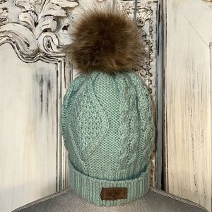 Angela & William Soft Muted Sea foam Green Cable Knit Beanie Hat